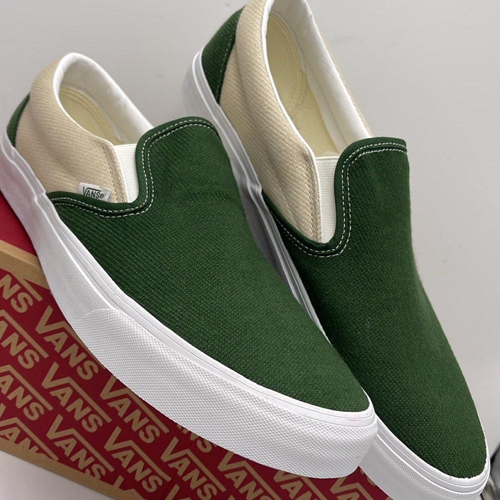 Vans Men’s Green and Cream Slip-On Sneakers 
Twill Turtledove/Green VN0A5JLXCOB - Picture 6 of 16